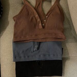 3 pack Ribbed V-Neck Snap Front Tank Top - Brown